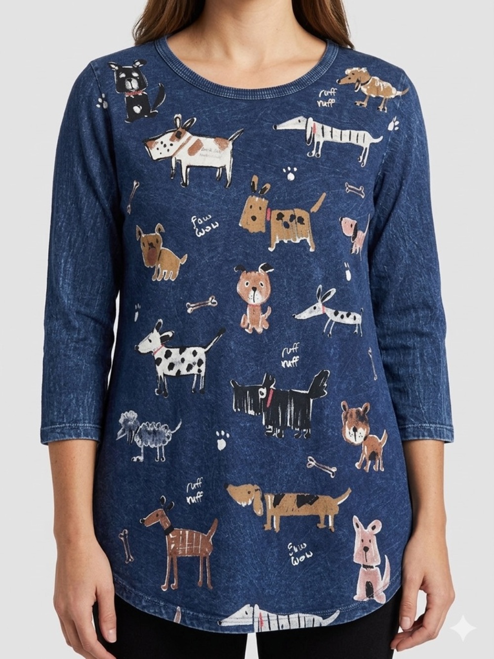 Navy Dog Print 3/4 Sleeve Tee - Women's Cute Canine Design